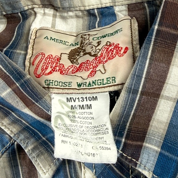 Wrangler Mens Western Blue Brown Plaid Pearl Snap Long Sleeve Shirt Medium - Picture 6 of 14